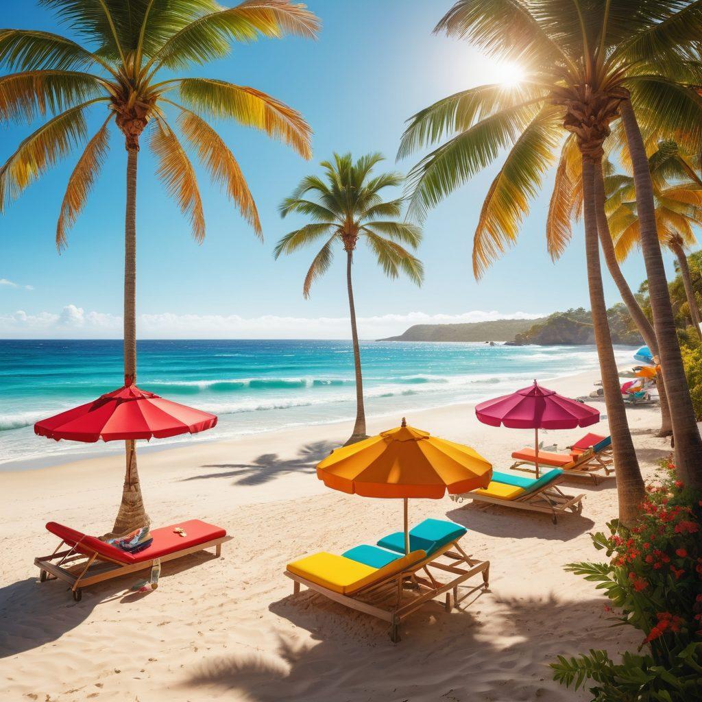 A sunlit beach scene featuring a diverse group of stylishly dressed individuals in vibrant swimwear, showcasing various trends and colors. Include elements like palm trees, beach umbrellas, and a shimmering ocean in the background. The atmosphere should exude joy and summer vibes, perfect for ocean adventures. super-realistic. vibrant colors. bright and cheerful.