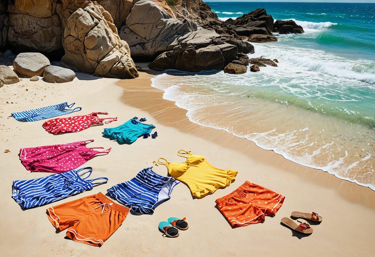 A vibrant beach scene showcasing a variety of beachwear styles spread across a sandy beach transitioning to rocky shores. Include colorful swimsuits and beach accessories against a backdrop of rolling waves and sunshine. A person relaxing on the sand and another exploring the rocky area highlights the versatility of beachwear. The scene should capture the essence of summer and adventure. super-realistic. vibrant colors. white background.