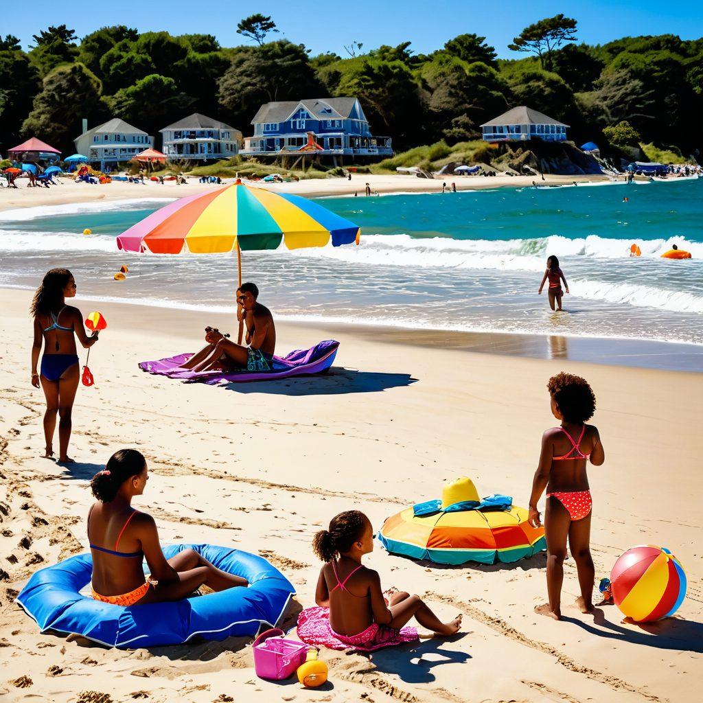 A lively beach scene showcasing a diverse family enjoying outdoor recreation, wearing vibrant and stylish swimwear. The sun is shining brightly, with colorful beach umbrellas and toys scattered around them. Children are playing in the waves while adults relax by the shoreline, exuding joy and togetherness. The atmosphere is filled with fun and laughter, capturing the essence of summer family adventures. super-realistic. vibrant colors. beach setting.